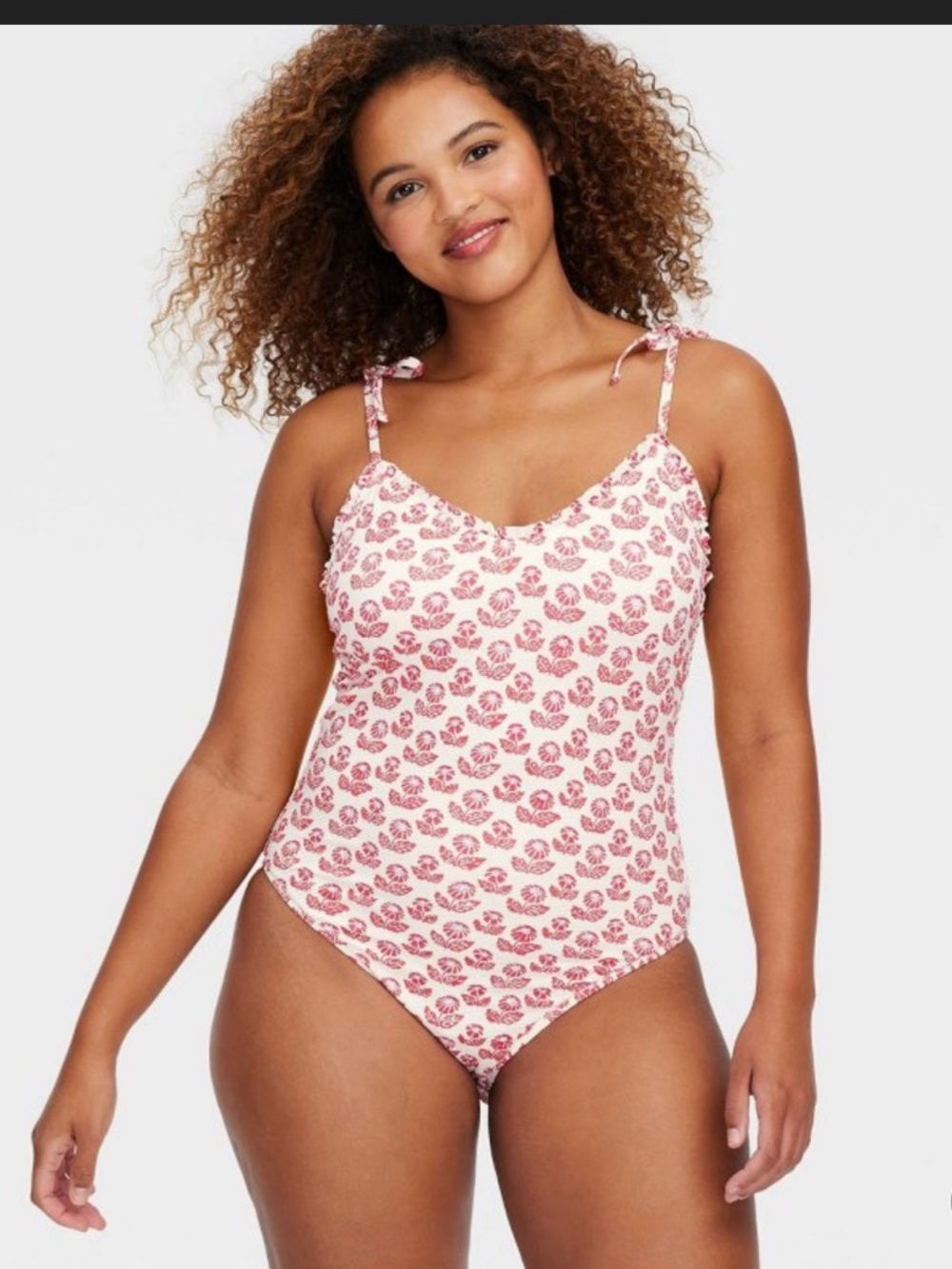 Tie-Shoulder Floral One-Piece Swimsuit in Pink and White